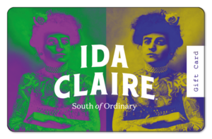ida claire logo over multicolored filter of rustic photo of woman background